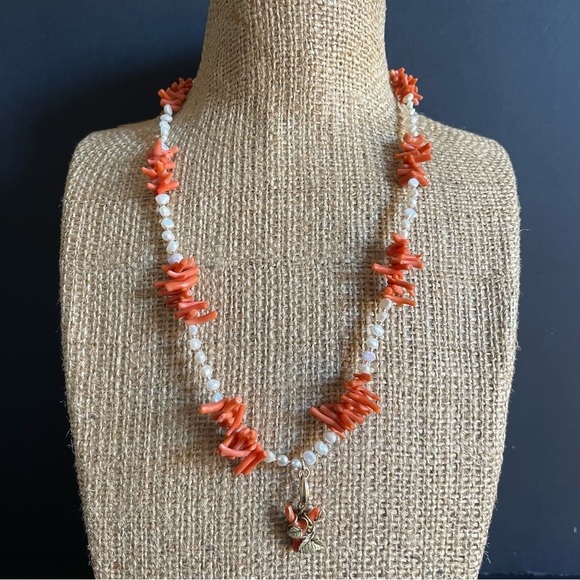 Vintage 14KT gold filled Handmade Coral and Pearl Necklace with Coral Pendant.